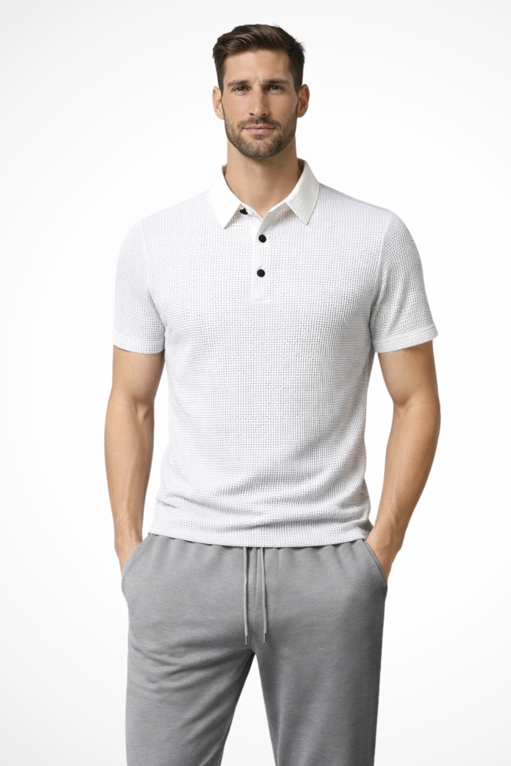 Men's classic short sleeve waffle knit polo, a stylish and comfortable button-up for any outfit.