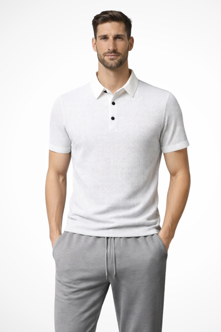 Men's classic short sleeve waffle knit polo, a stylish and comfortable button-up for any outfit.