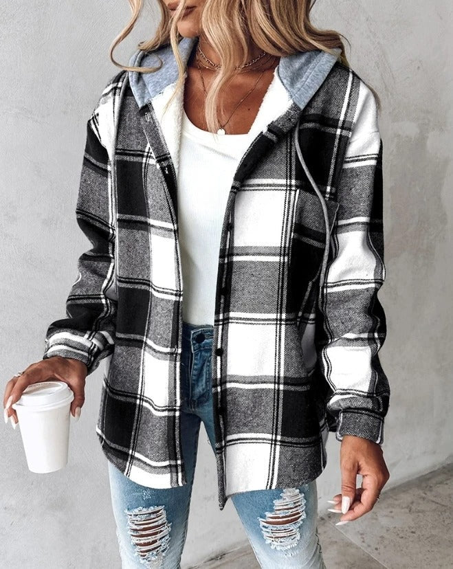 Man in comfortable hooded flannel shirt jacket, a stylish casual layering piece for daily fashion.