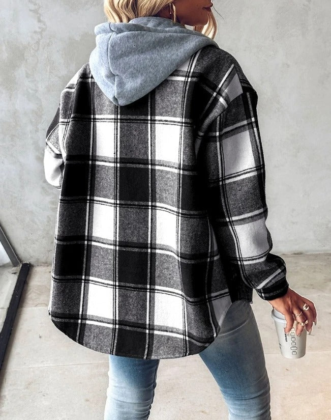 Men's button-down Wanderer flannel shirt jacket with hood, cozy & stylish for everyday casual wear.