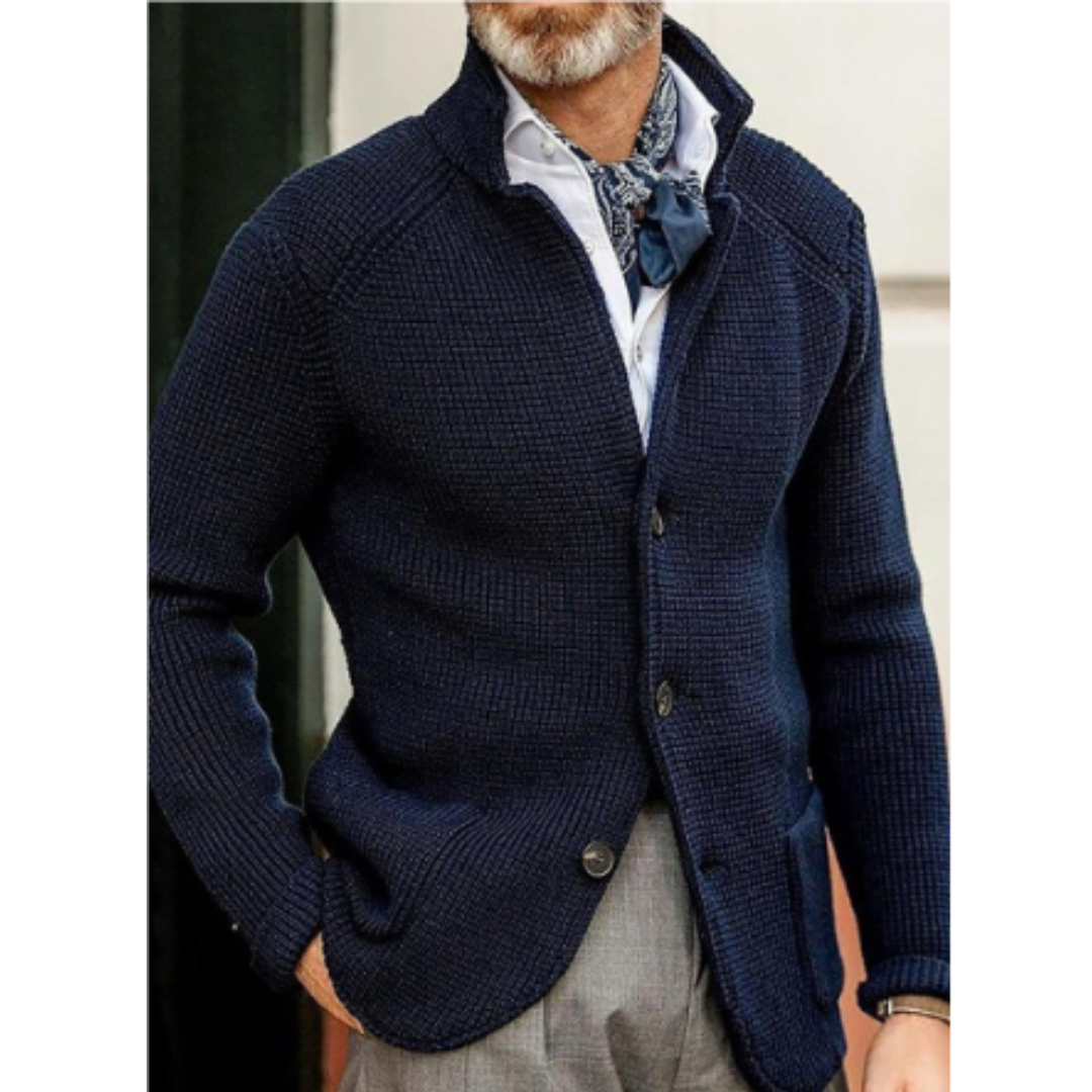 Men's warm button-up cardigan sweater in charcoal grey, perfect for winter fashion.
