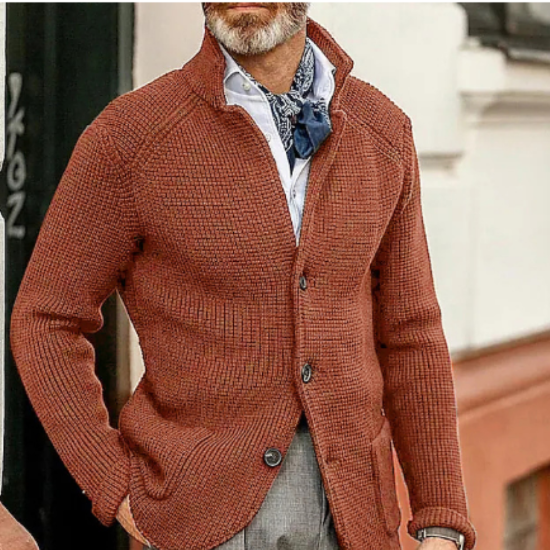 Close-up on the collar detail of a men's warm button-up cardigan sweater.