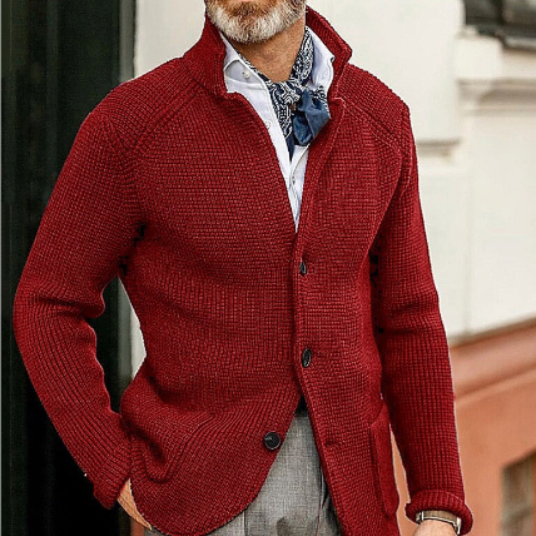 A man layering a men's casual sweater cardigan over a t-shirt for cozy wear.