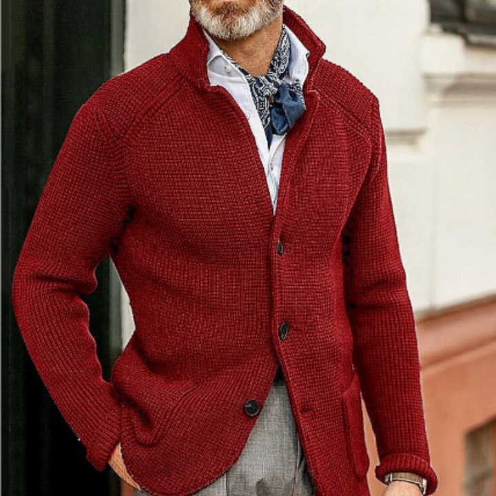 A man layering a men's casual sweater cardigan over a t-shirt for cozy wear.