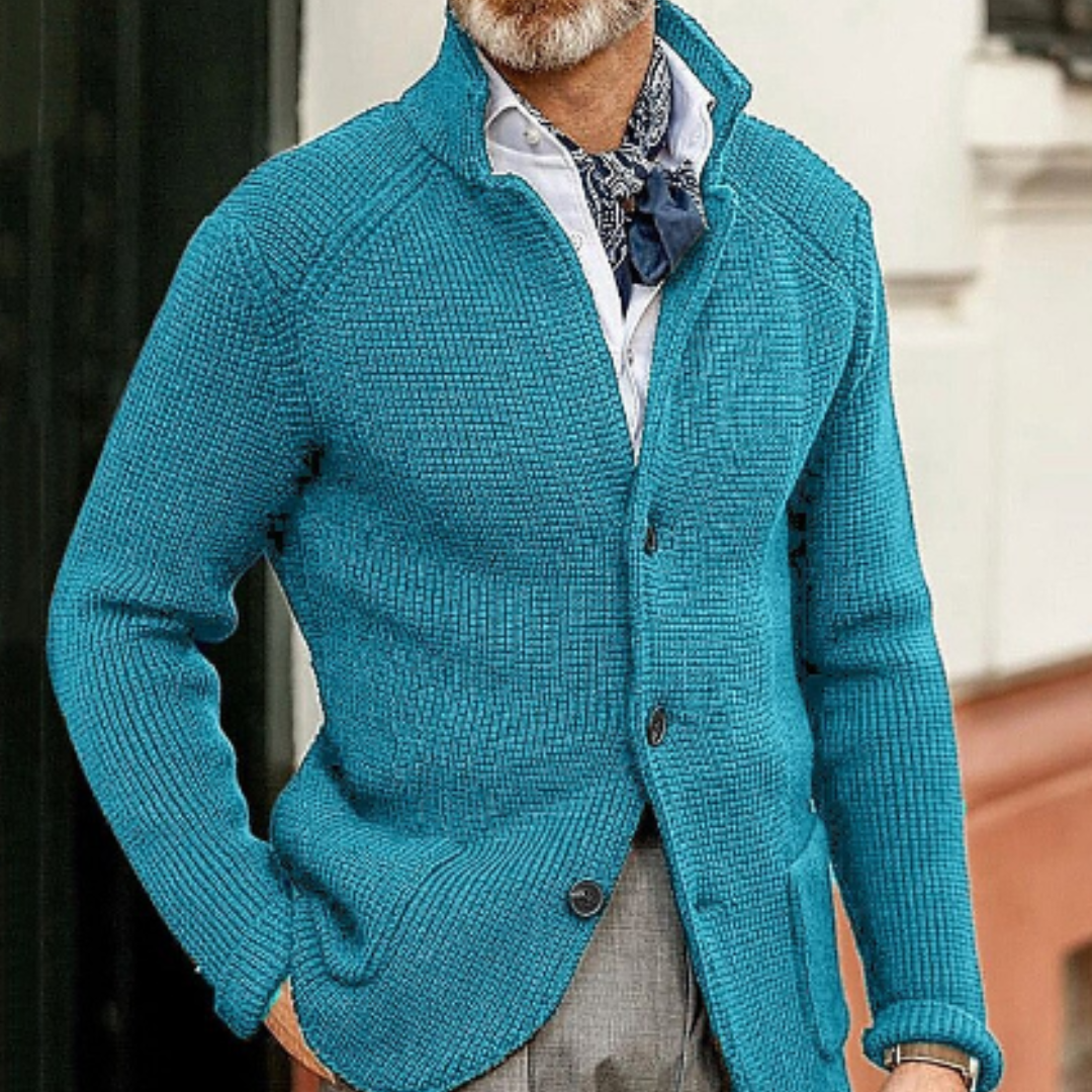 Men's warm winter fashion essential: a stylish button-up cardigan sweater.