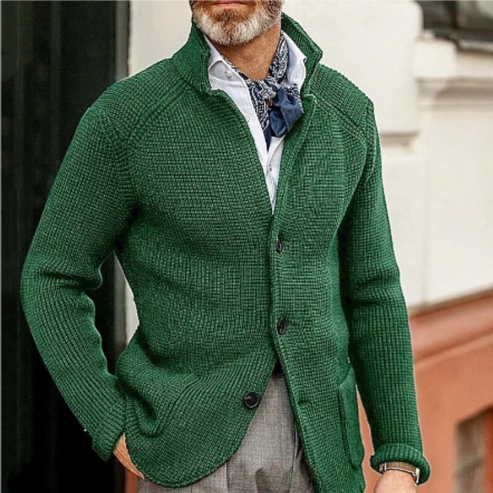 Back view of a men's comfortable cardigan sweater, highlighting its knit texture.