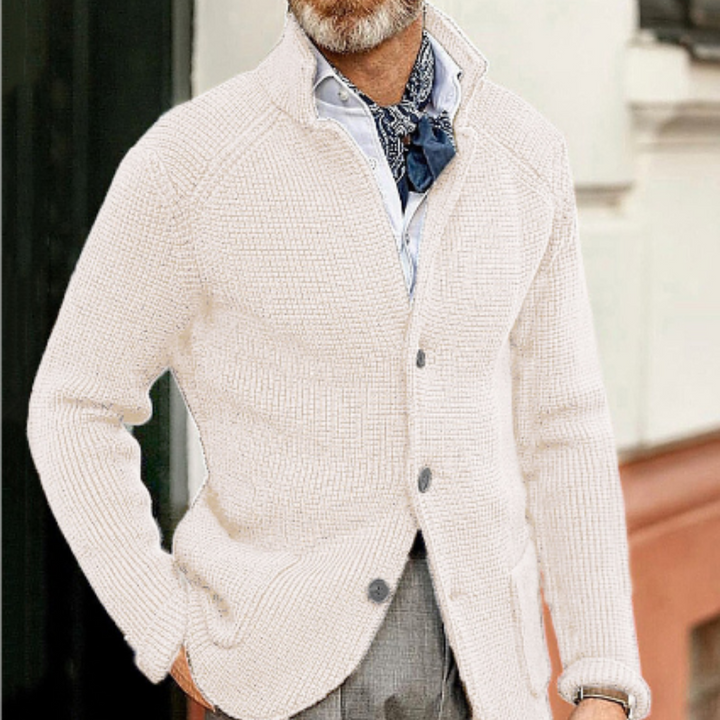 Model wearing a men's warm cardigan sweater in a relaxed fit, styled for fall.