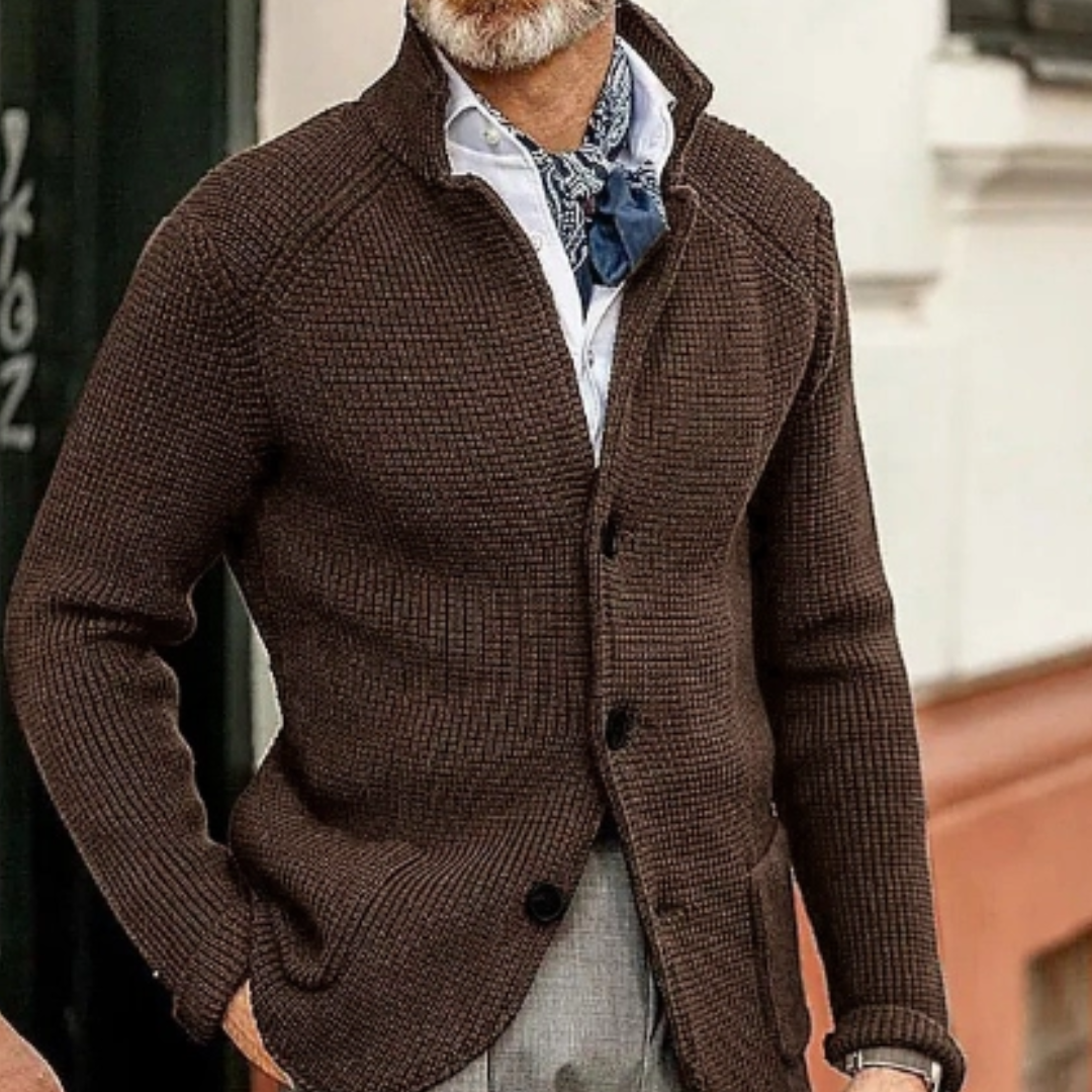 Men's fall fashion: a comfortable button-up knitwear cardigan in navy blue.