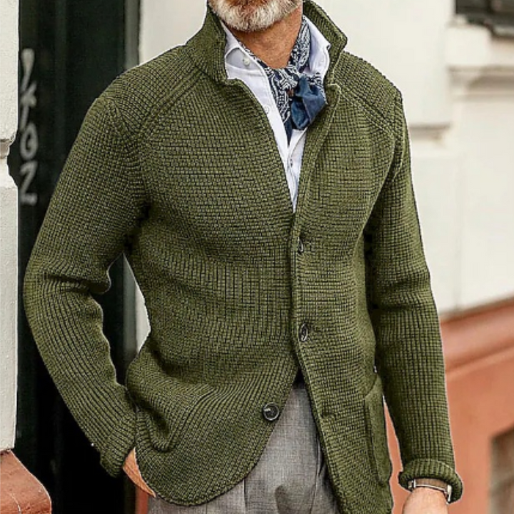 Side profile of a men's warm cardigan sweater, showcasing its outerwear appeal.