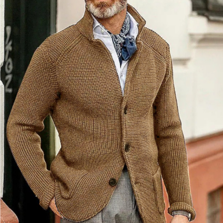 Lifestyle image of a man in a men's versatile clothing cardigan sweater.