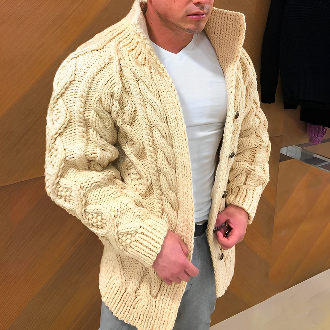 Men's cable knit cardigan in a relaxed batwing sleeve design