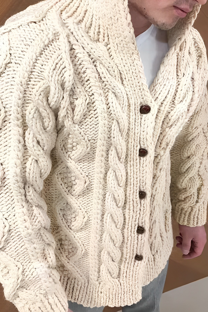 Chunky knit men's cardigan, ideal for cold weather layering