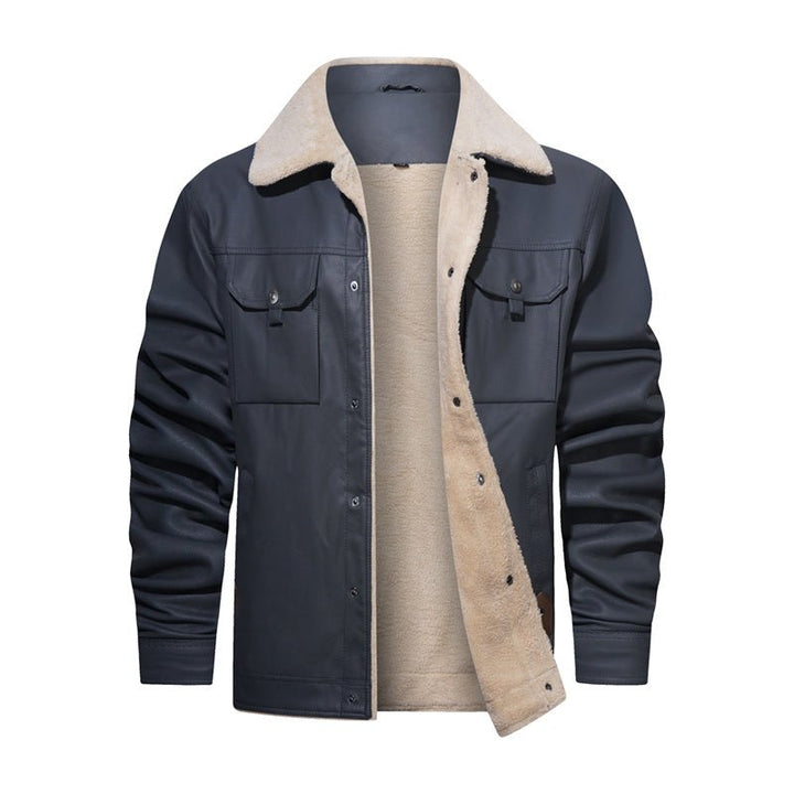 Stylish men's sherpa collar jacket. Features button-down closure, flap pockets & versatile fall/winter fashion.
