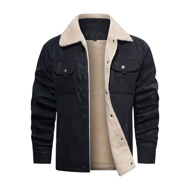 Warm men's fall jacket with cozy sherpa collar. Button-down design for versatile casual fashion.