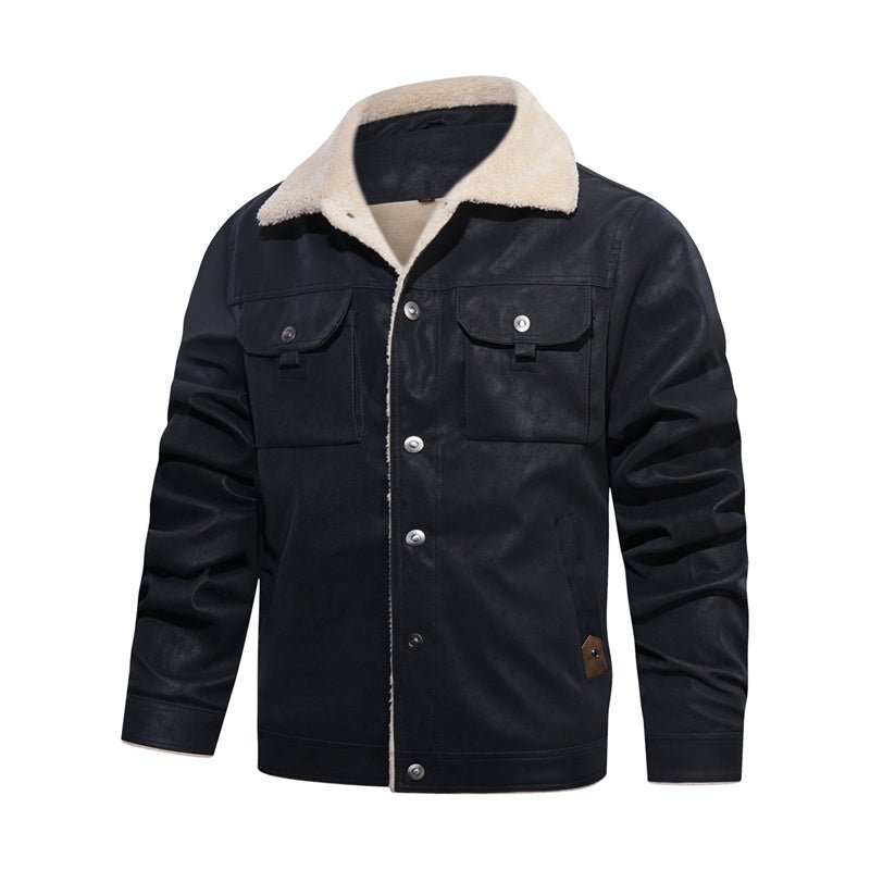 Men's winter coat: Casual button-down jacket with a warm sherpa collar & practical flap pockets.