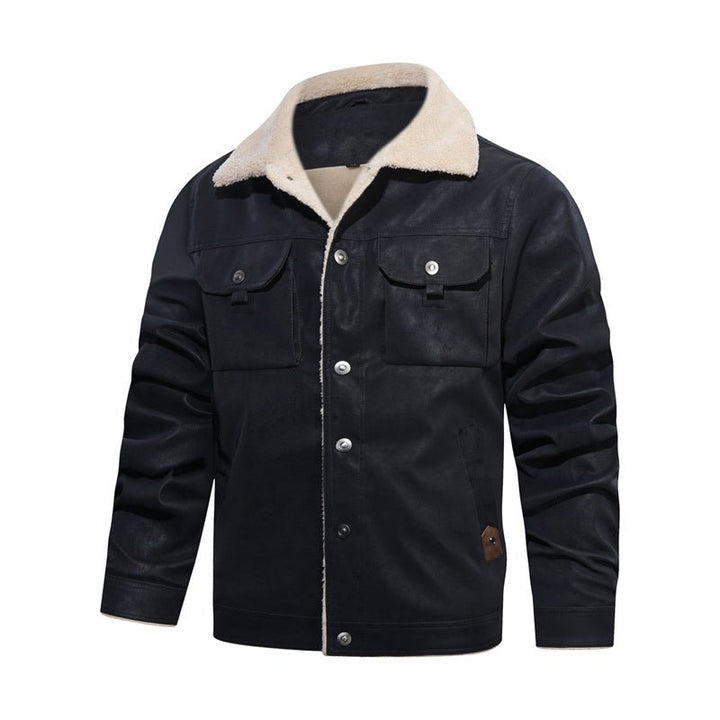 Men's winter coat: Casual button-down jacket with a warm sherpa collar & practical flap pockets.