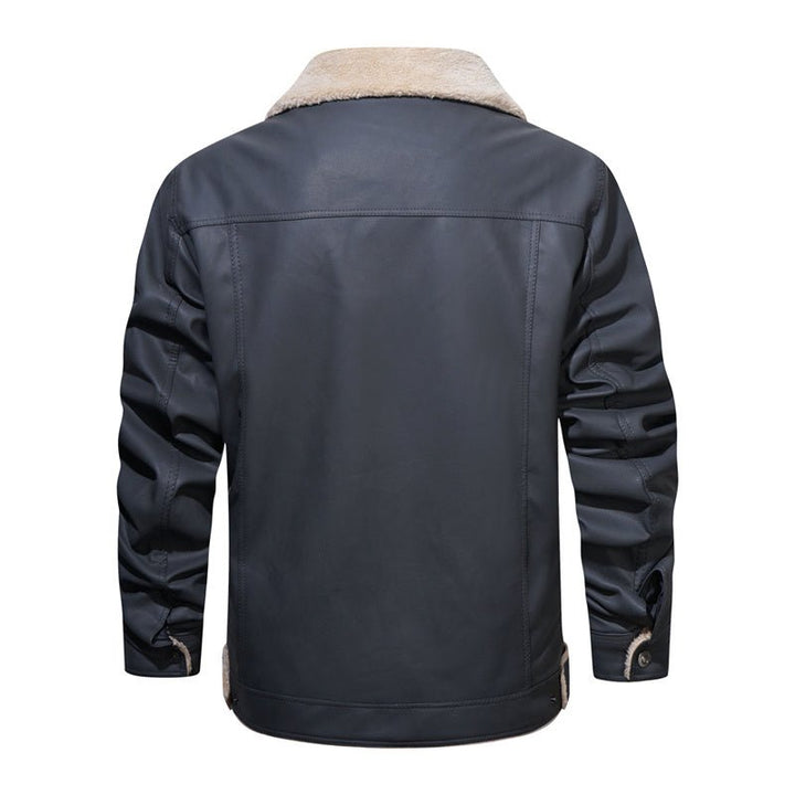 Men's comfortable fall/winter jacket. Features a warm sherpa collar, button-down front & casual style.