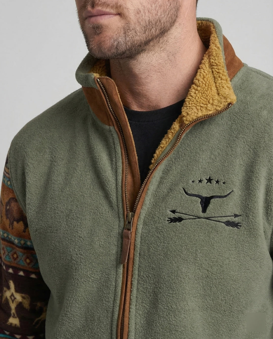 Breathable men's outdoor jacket made of soft, warm fleece material.