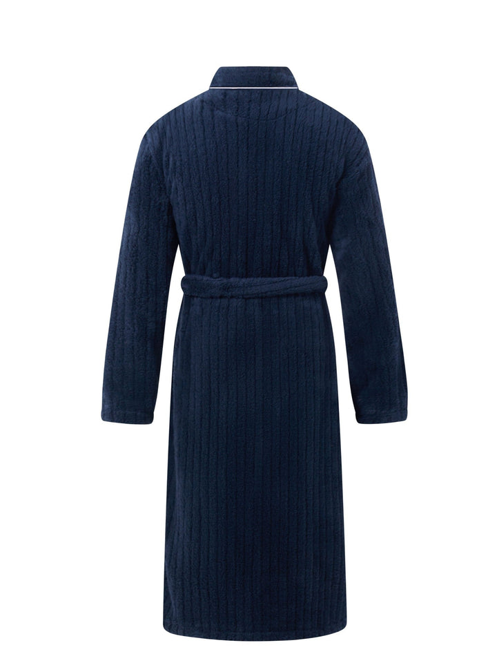 Close-up of soft fleece material on men's winter bathrobe, showcasing cozy texture for warm loungewear.