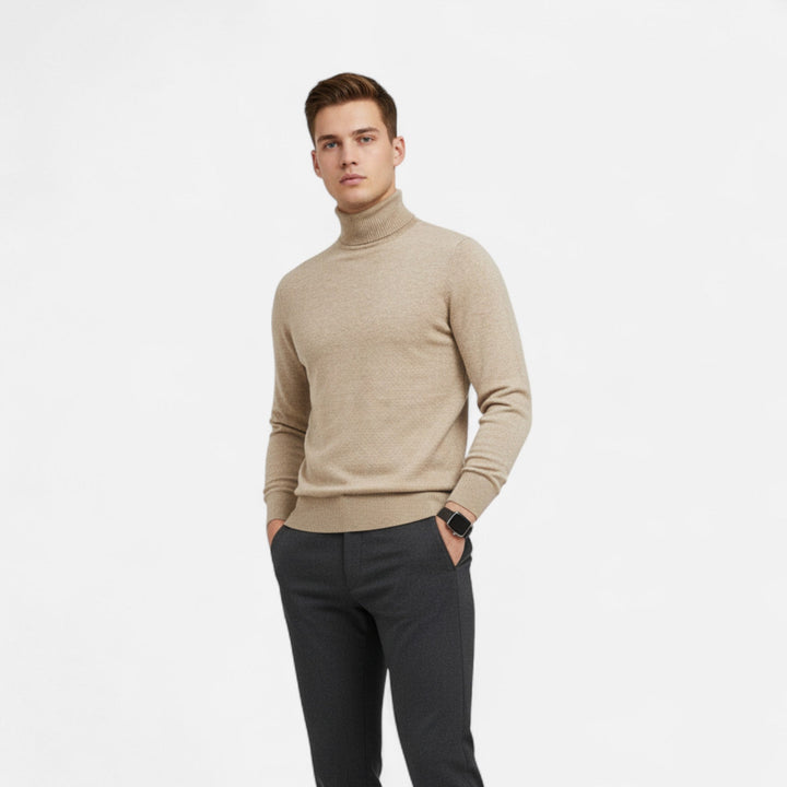 Elegant men's long-sleeve high-neck pullover sweater for sophisticated autumn & winter layering.