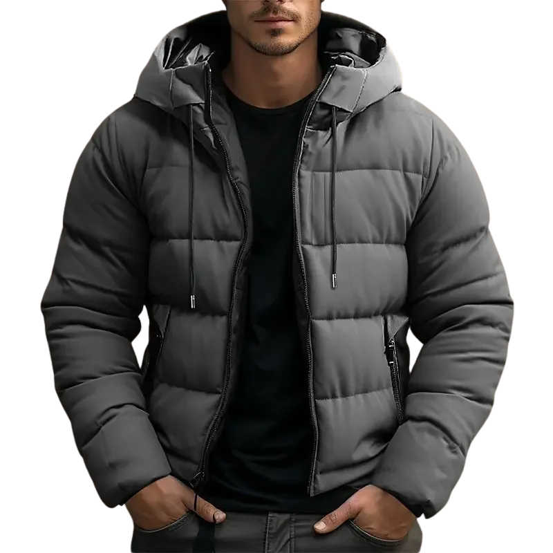 Zip-up men's hooded puffer jacket, ideal winter coat for outdoor activities & cold weather comfort.