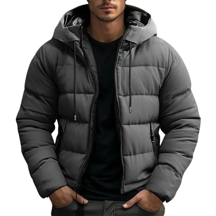 Zip-up men's hooded puffer jacket, ideal winter coat for outdoor activities & cold weather comfort.
