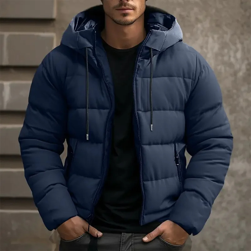 Classic men's hooded puffer winter jacket. Perfect for cold weather comfort & stylish casual wear.