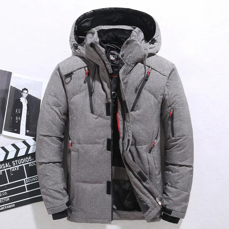 Men's warm hooded puffer winter jacket, insulated for cold weather. Stylish casual outerwear, perfect for winter fashion.