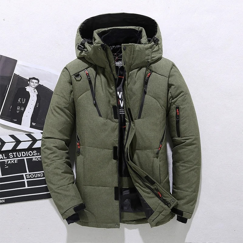 Stylish men's hooded puffer winter jacket. Warm, insulated outerwear for casual wear & cold conditions. Men's fashion.