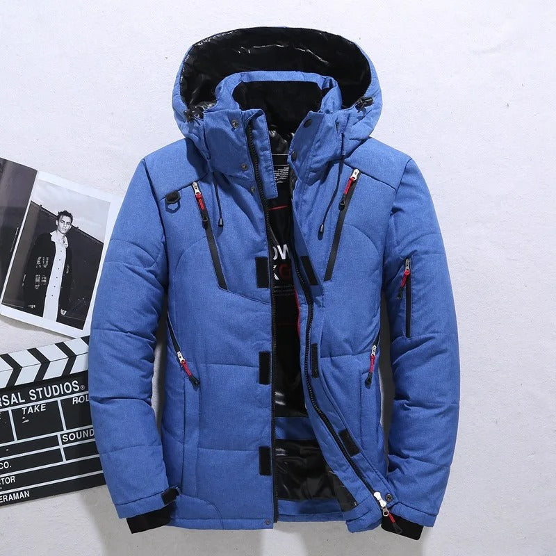 Durable men's hooded puffer jacket. Warm, insulated winter outerwear for cold weather. Essential casual men's jacket.