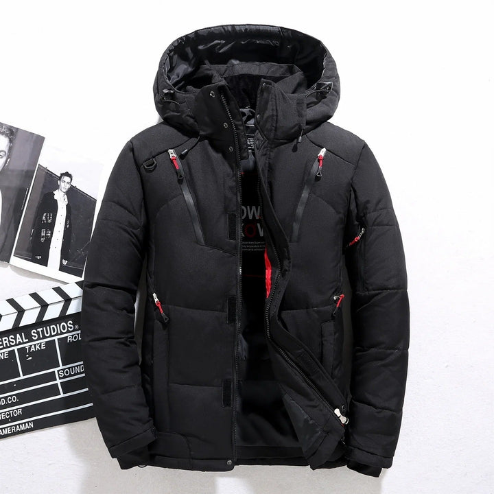 Men's insulated hooded puffer jacket, ideal for winter. Warm, casual outerwear for cold weather & men's fashion.