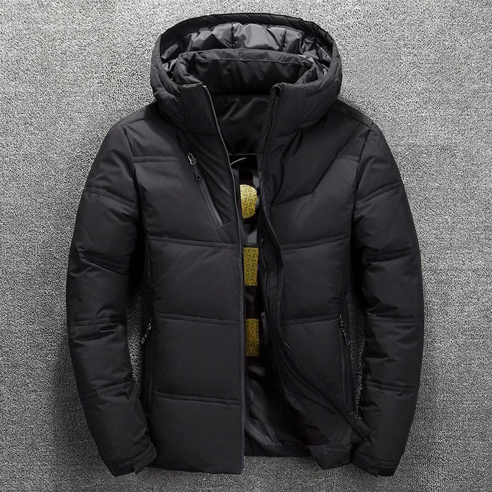 Men's warm hooded quilted puffer jacket for winter. Stylish and ideal for cold weather outerwear.
