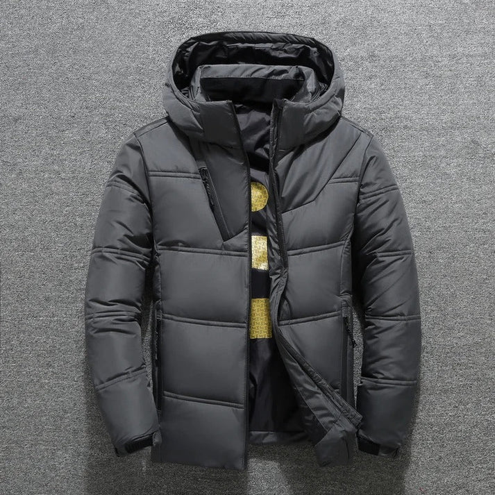 Stylish men's winter puffer jacket with hood & quilting. Warm, casual outerwear perfect for cold weather fashion.