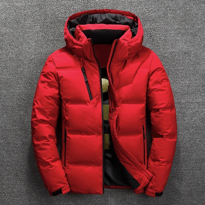 Men's hooded quilted puffer jacket, a warm and stylish winter coat. Perfect for casual cold weather.