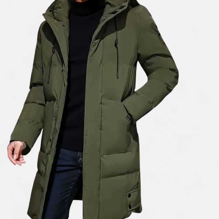 Men's warm hooded winter jacket, essential for cold weather protection & outdoor comfort.