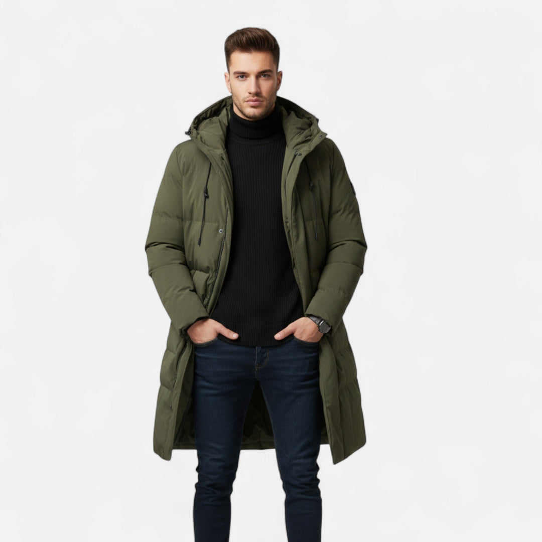 Stylish men's durable hooded winter coat, perfect warm outerwear for casual and outdoor adventures.