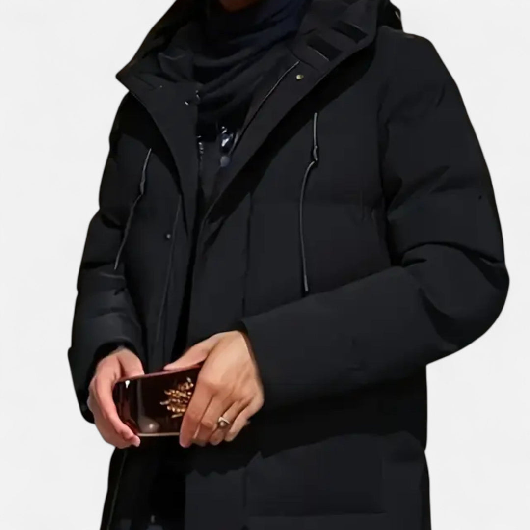 Casual men's warm winter jacket with hood, offering stylish and durable comfort for cold days.