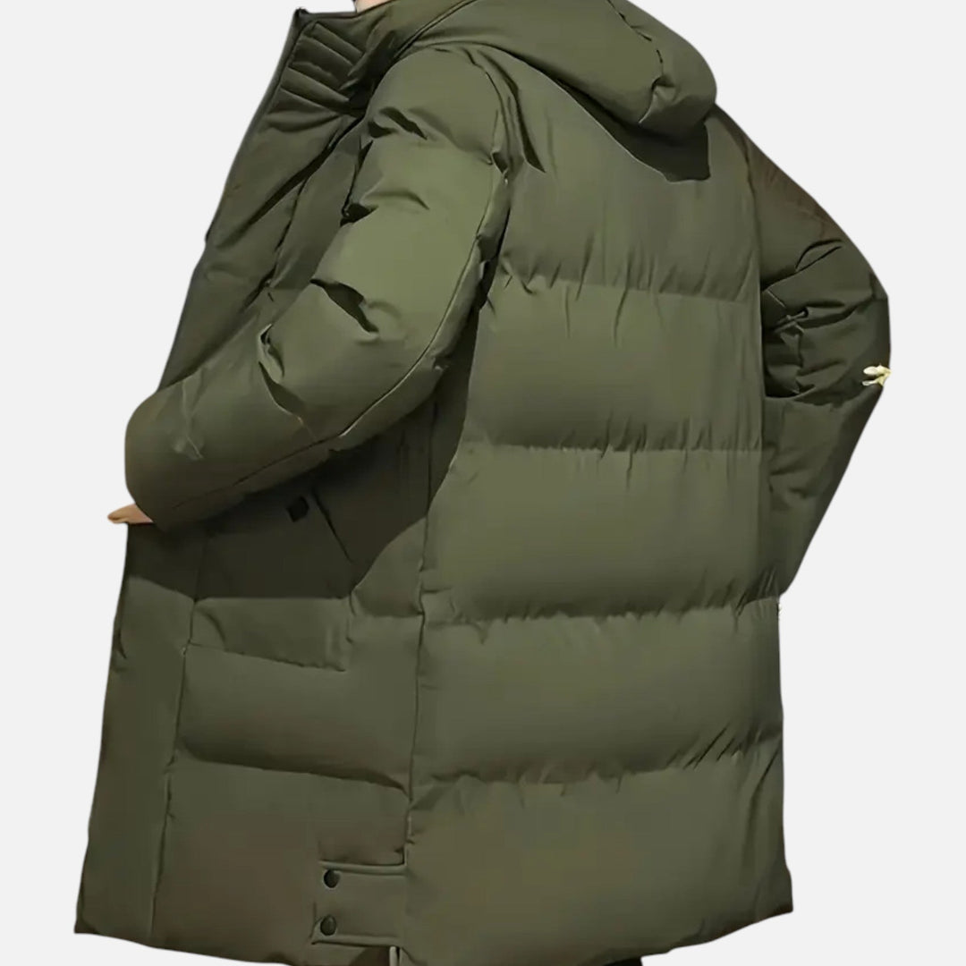 Premium men's warm winter coat, hooded design provides essential comfort for chilly outdoor wear.