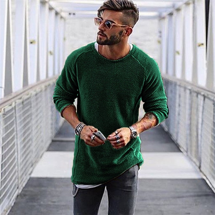Men's warm knit long sleeve sweater in a stylish crewneck design for winter comfort and everyday wear.