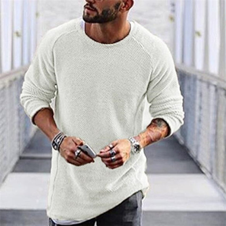 Soft, warm knit men's long sleeve pullover sweater, perfect for casual autumn and winter layering.