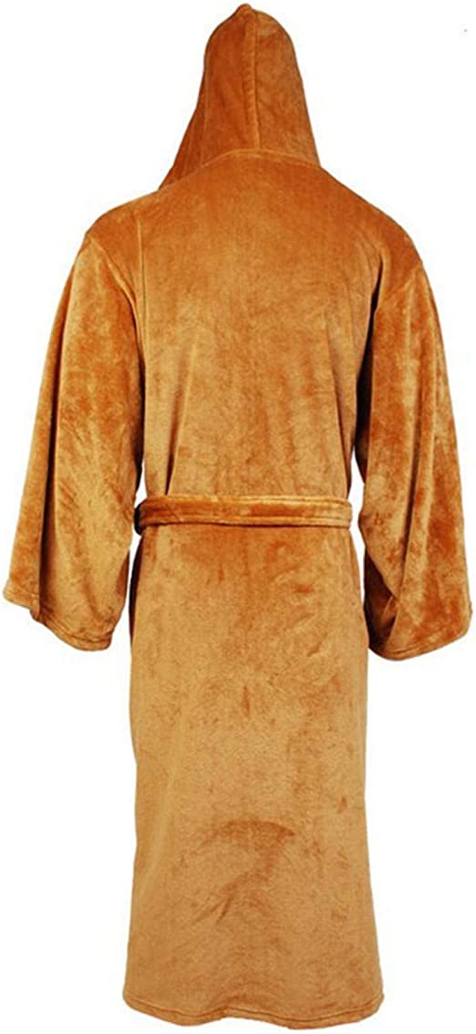 Front view of a man wearing a soft, hooded long bathrobe in plush fabric.
