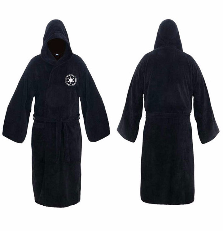 Detailed shot of the deep pockets and tie belt on a men's cozy long bathrobe.