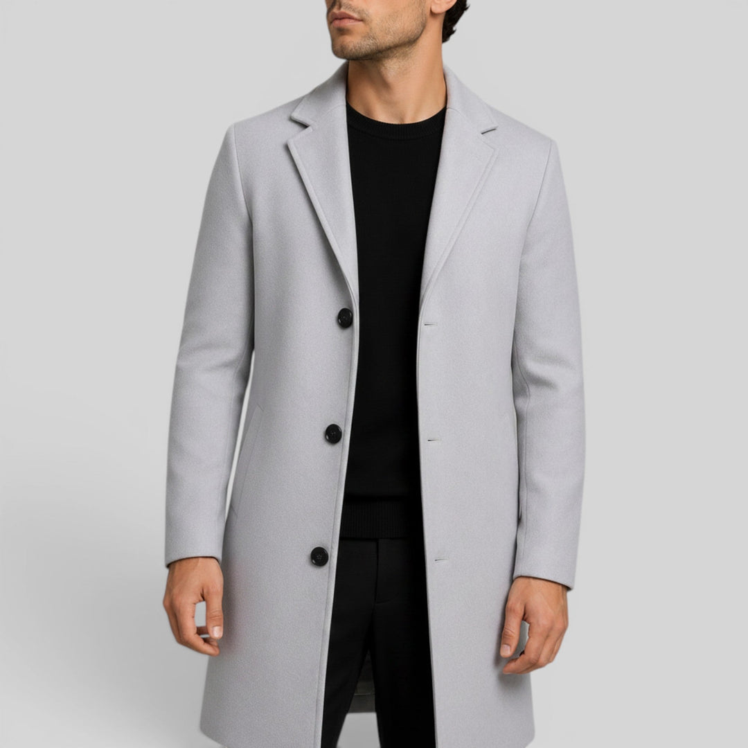 Men's warm mid-length trench coat, button front, regular fit, ideal for winter outerwear.