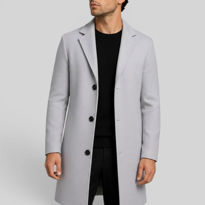 Men's warm mid-length trench coat, button front, regular fit, ideal for winter outerwear.