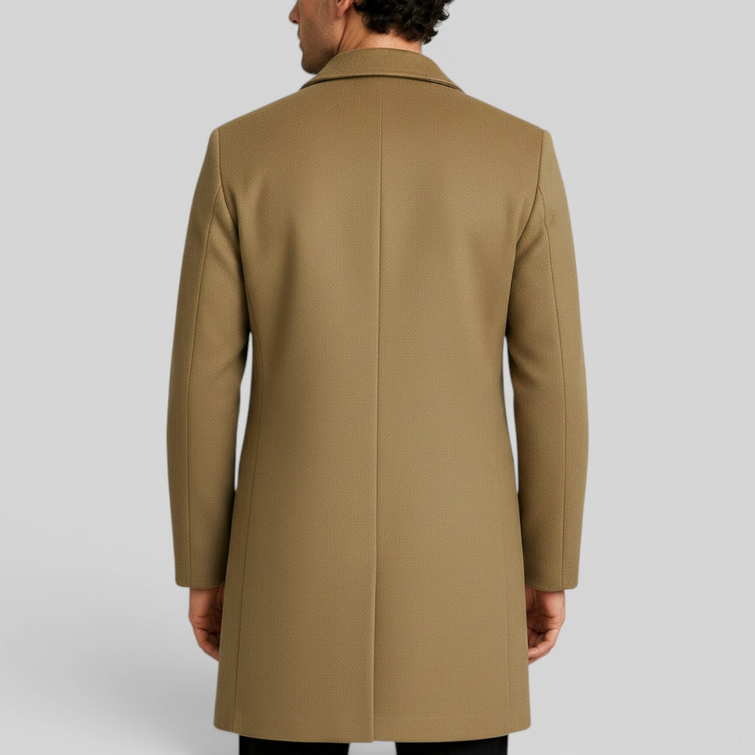 Elegant men's warm mid-length trench coat, button front, with a smart regular fit silhouette.