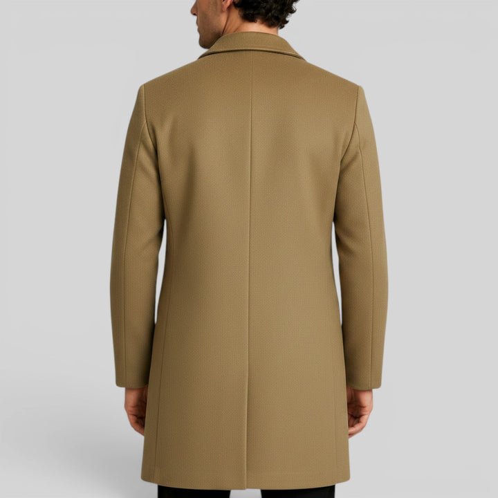 Elegant men's warm mid-length trench coat, button front, with a smart regular fit silhouette.