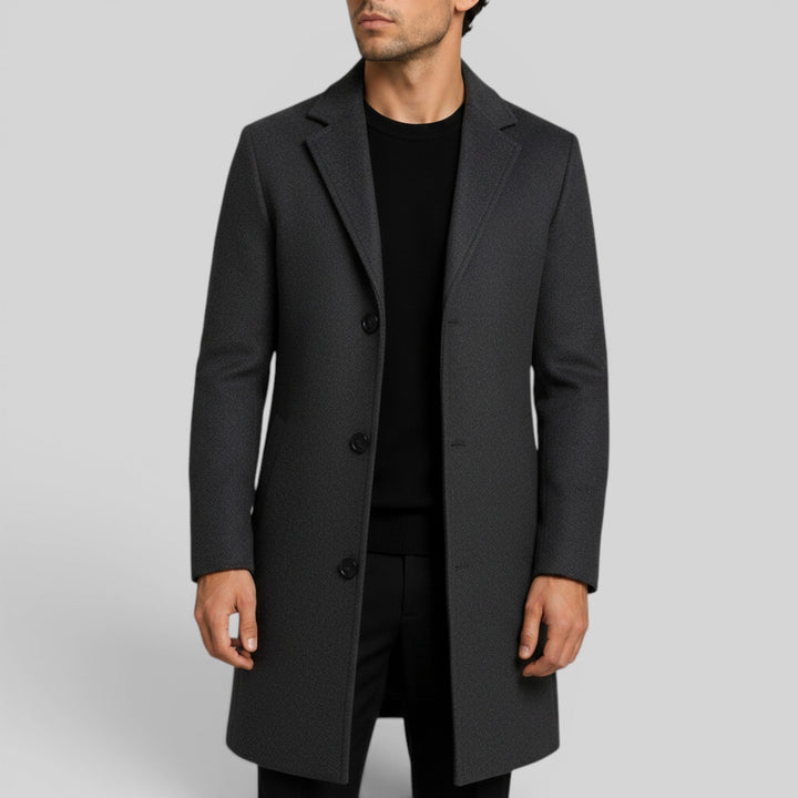 Men's warm mid-length overcoat, trench style, with a secure button-front and regular fit.