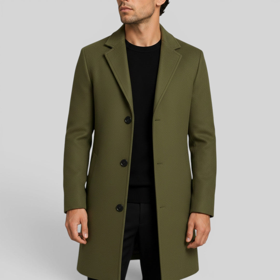 Classic men's mid-length trench coat, warm, with a sharp lapel, button front, and regular fit.