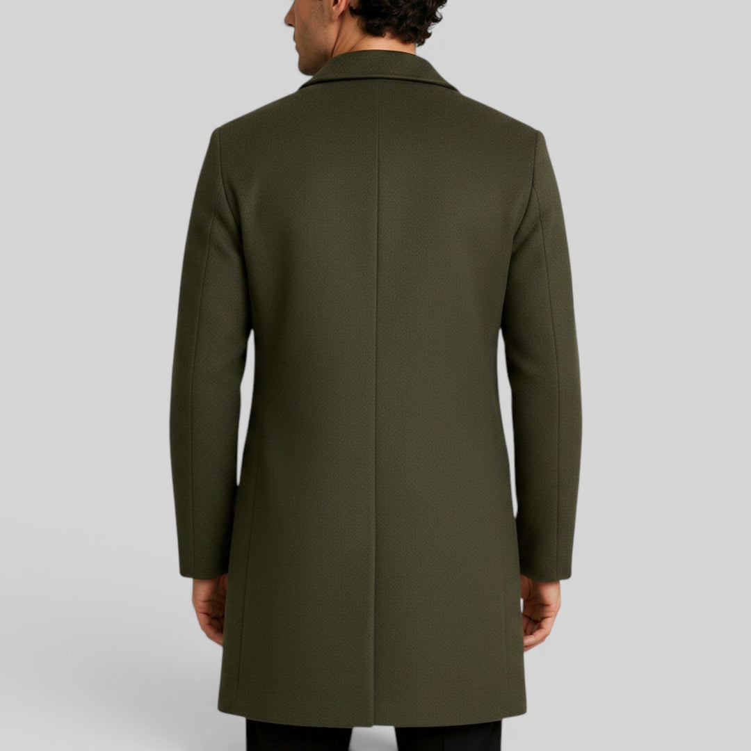 Formal men's mid-length trench coat, warm, button front, for business casual winter style.
