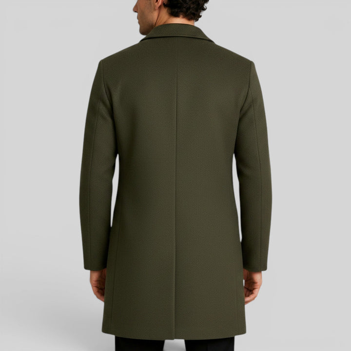 Formal men's mid-length trench coat, warm, button front, for business casual winter style.